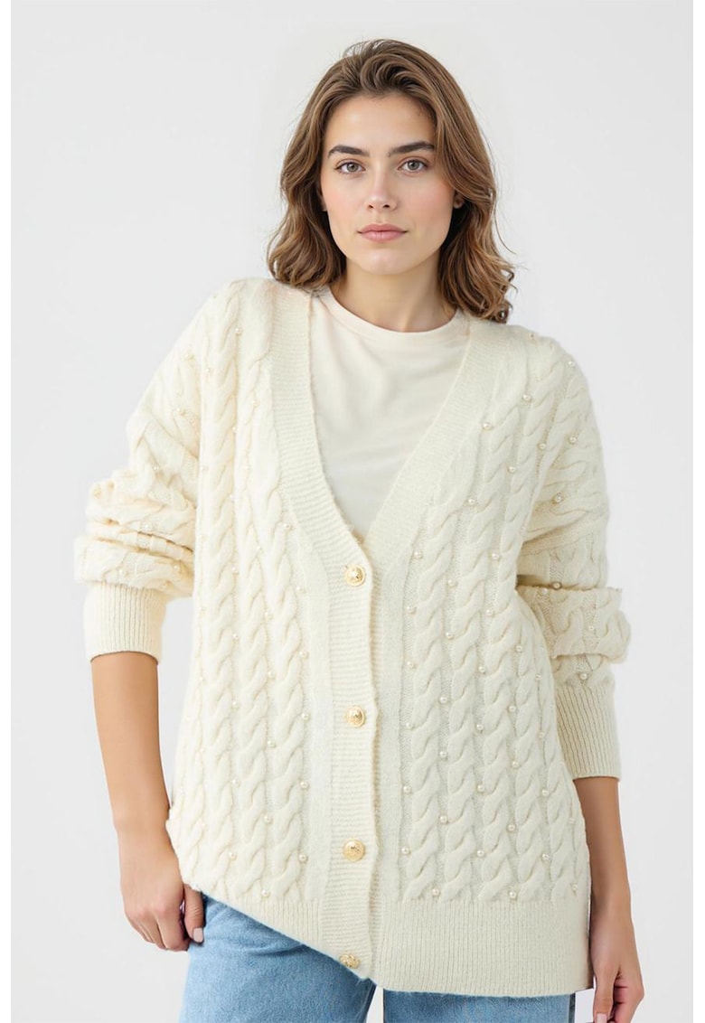 Cardigan supradimensionat cu model torsade si perle sintetice