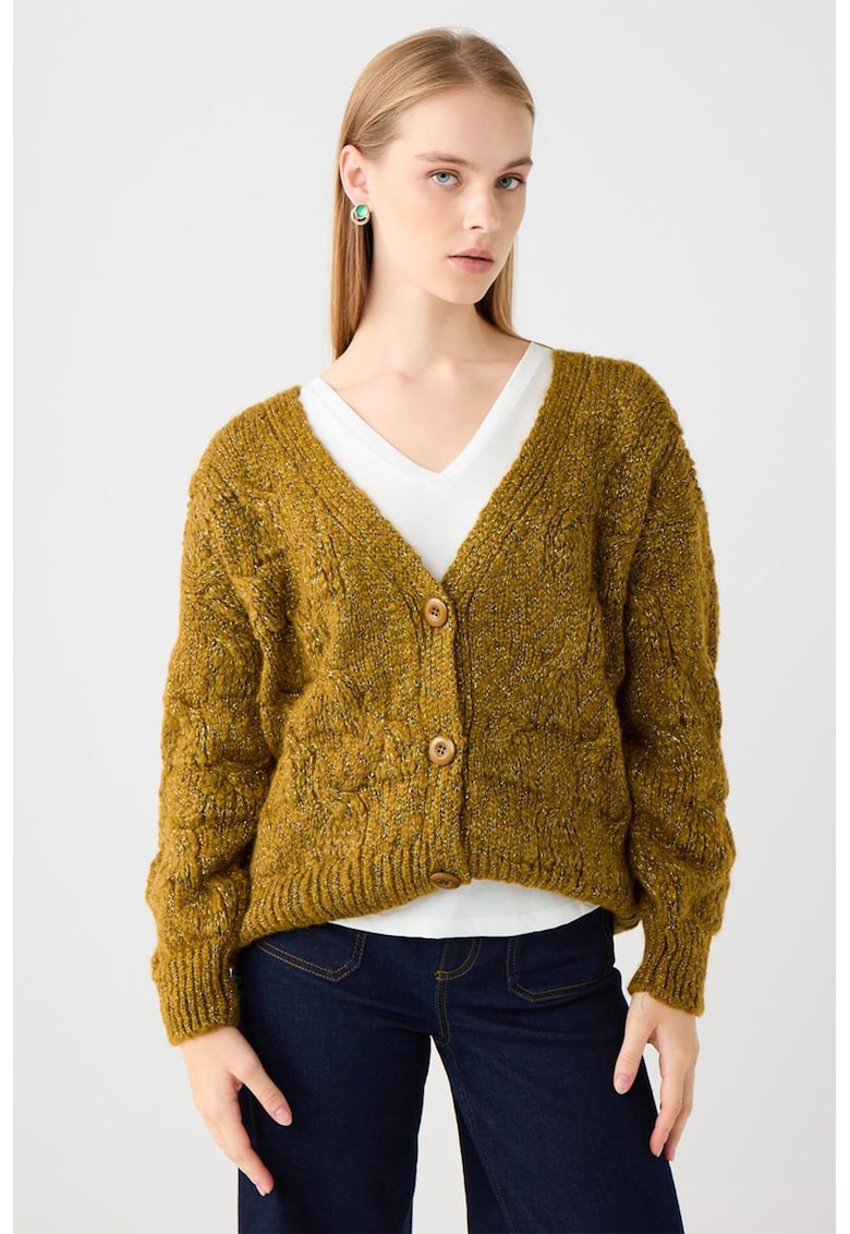 Cardigan din amestec de lana cu decolteu in V