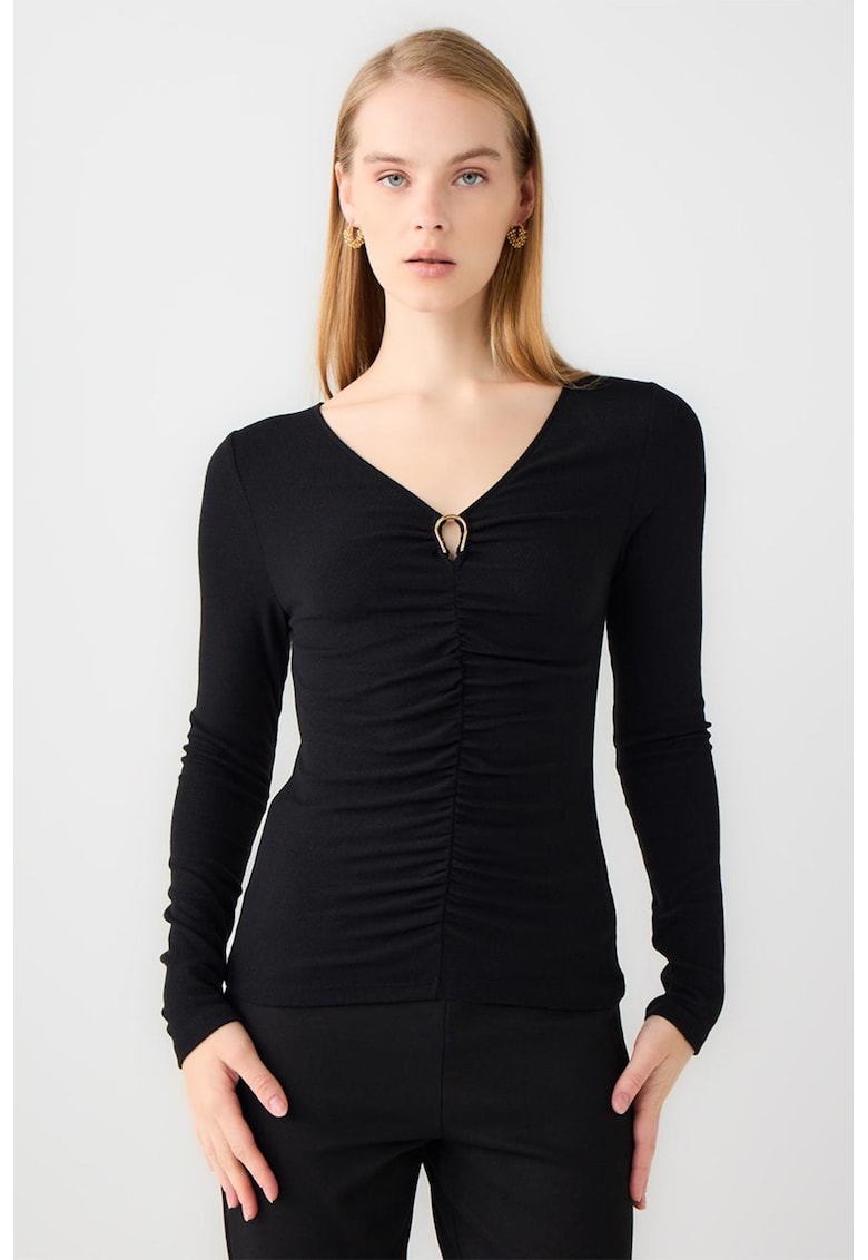 Bluza slim fit cu drapaj frontal - Negru