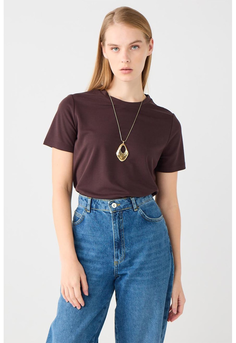 Tricou uni din amestec de modal - Maro cognac
