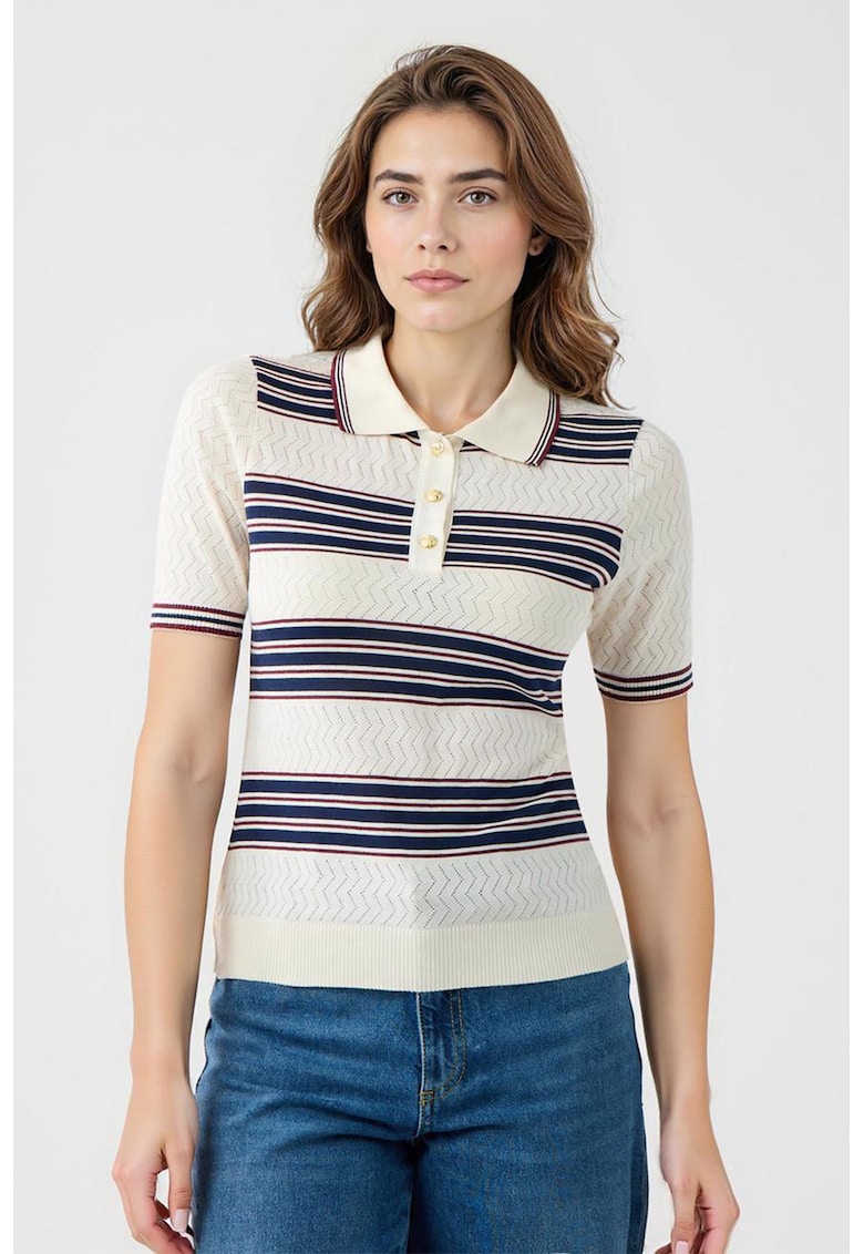 Tricou polo cu dungi - Alb murdar/Bleumarin