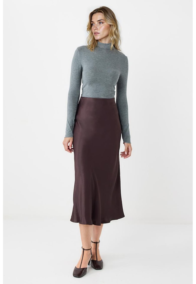 Fusta midi din satin - Maro cognac