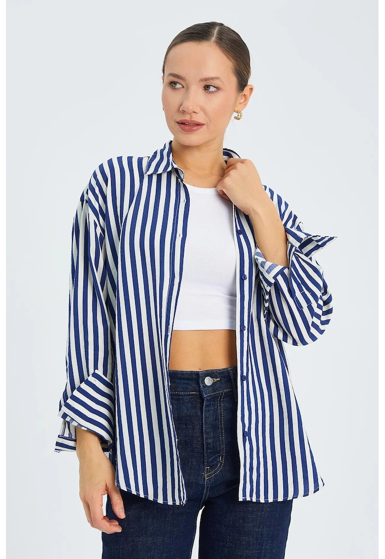 Camasa - cu maneca lunga - dungi - albastru marin - textil