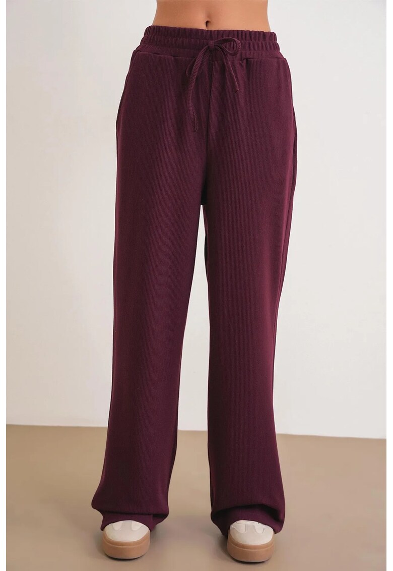 Pantaloni pentru dama textil - drepti cu nervuri - snur - visiniu