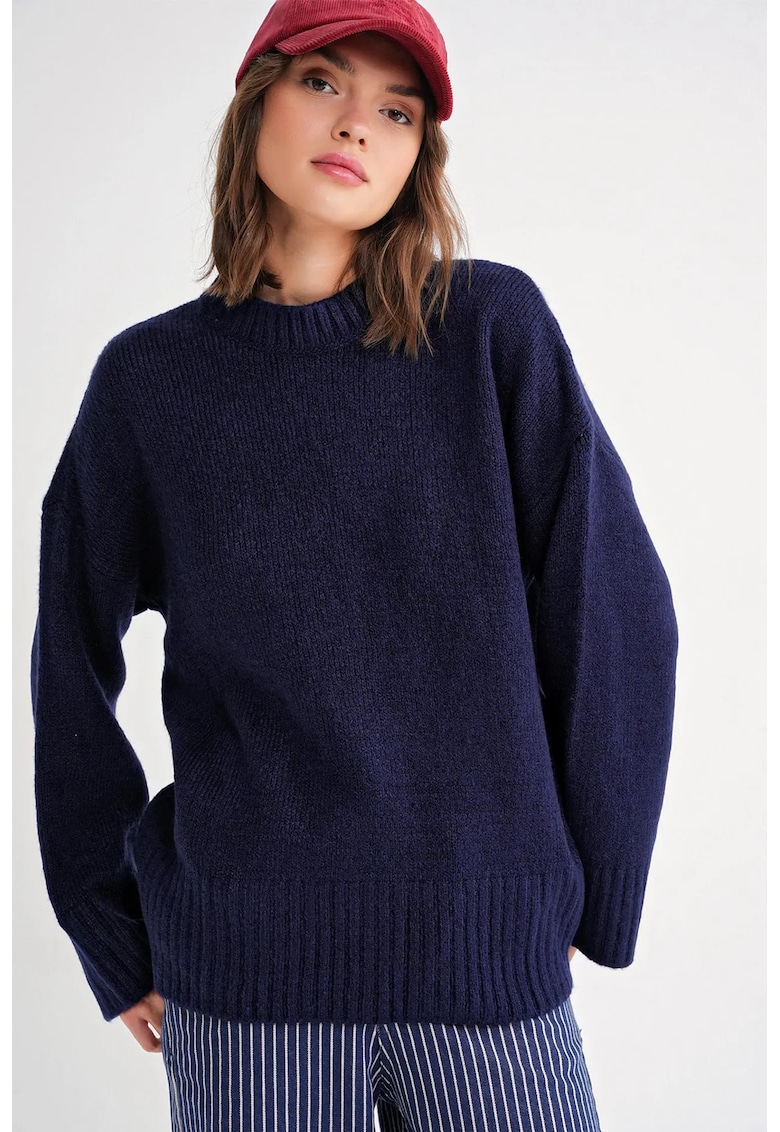 Pulover dama tricotat oversized - cu guler rotund - textil - Albastru marin -