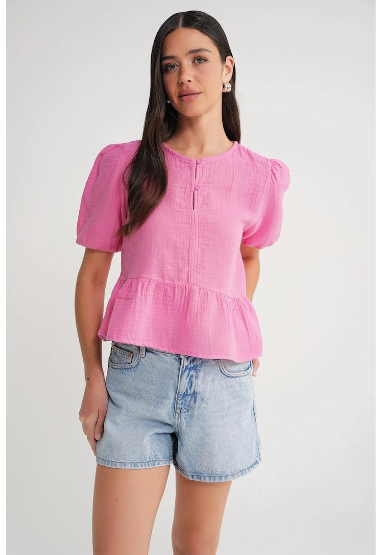 Bluza dama din bumbac - roz pudrat - cu guler rotund si inchidere cu nasturi