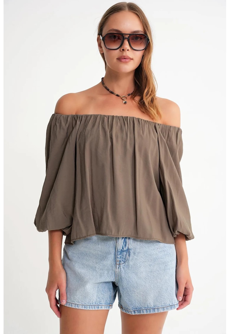 Bluza dama Mixray - guler Madonna - detalii cu volane - kaki - textil