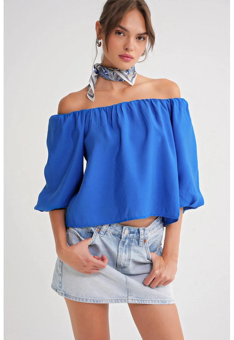 Bluza dama Mixray Modal - guler Madonna - detaliu cu volane - albastru cobalt - textil