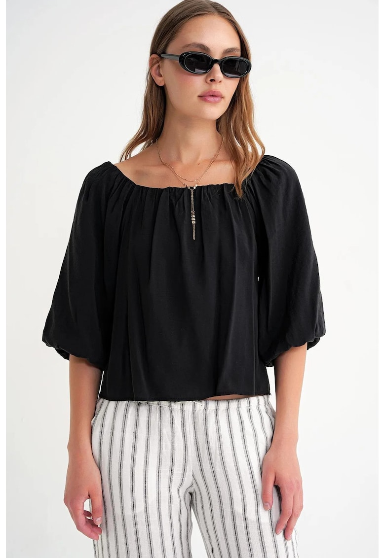 Bluza dama Mixray - guler Madonna - detaliu cu volane - negru - textil