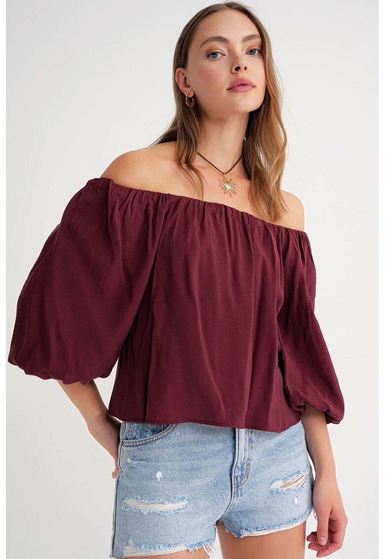 Bluza dama Mixray - guler Madonna - detaliu cu volane - burgundy - textil -