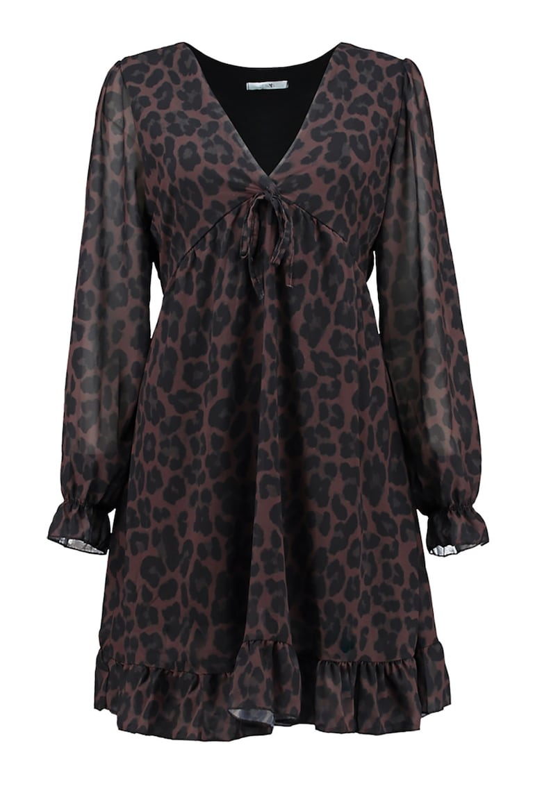 Rochie cu decolteu in V - model animal print si maneci lungi