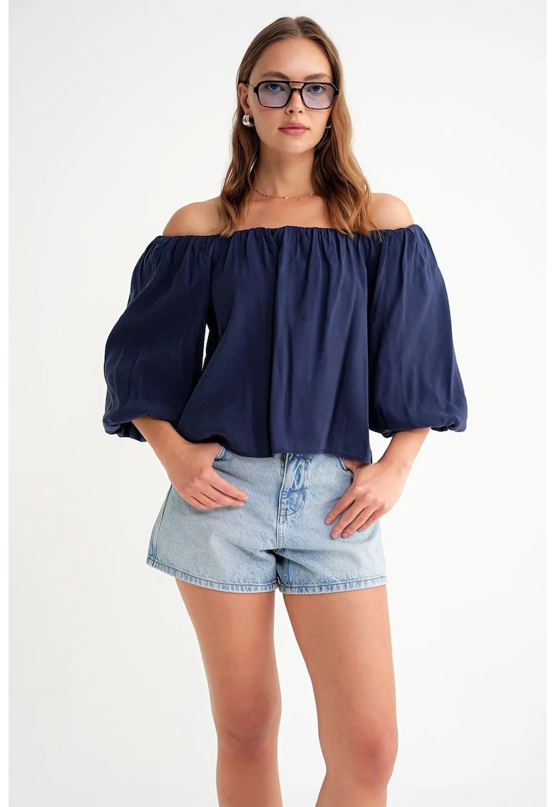 Bluza dama Mixray - guler Madonna - detalii cu volane - albastru marin - textil