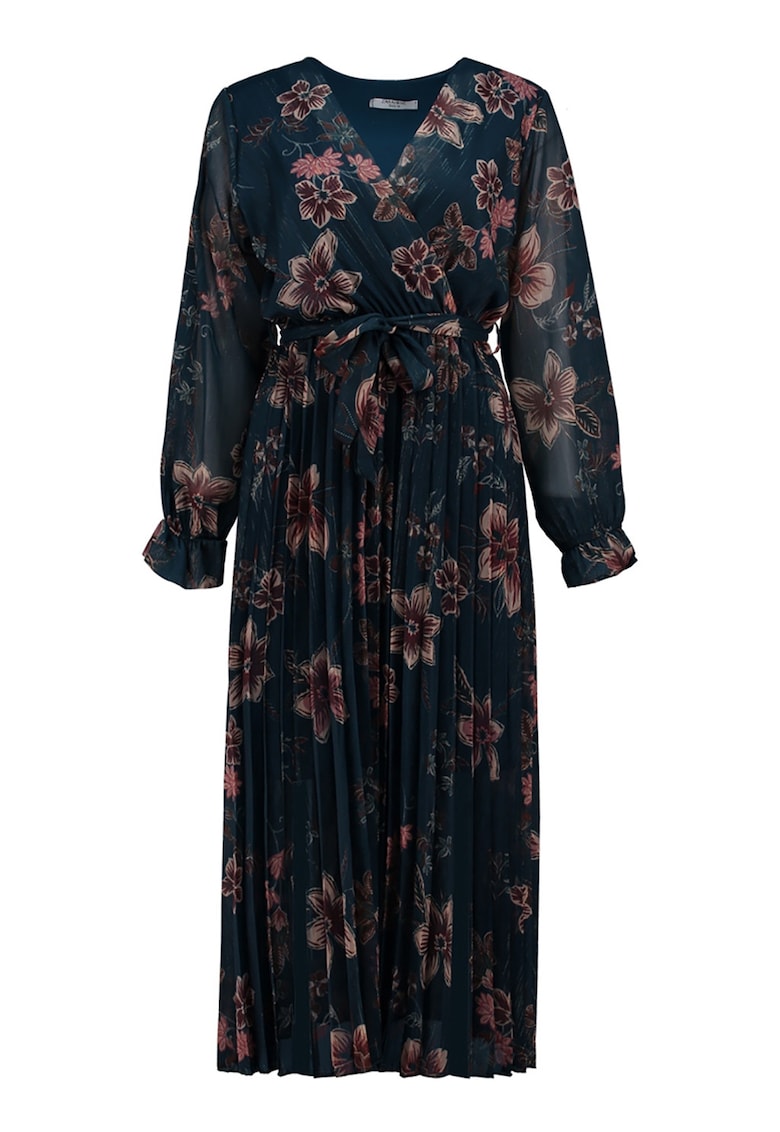 Rochie cu decolteu in V si imprimeu floral - Roz prafuit/Albastru petrol