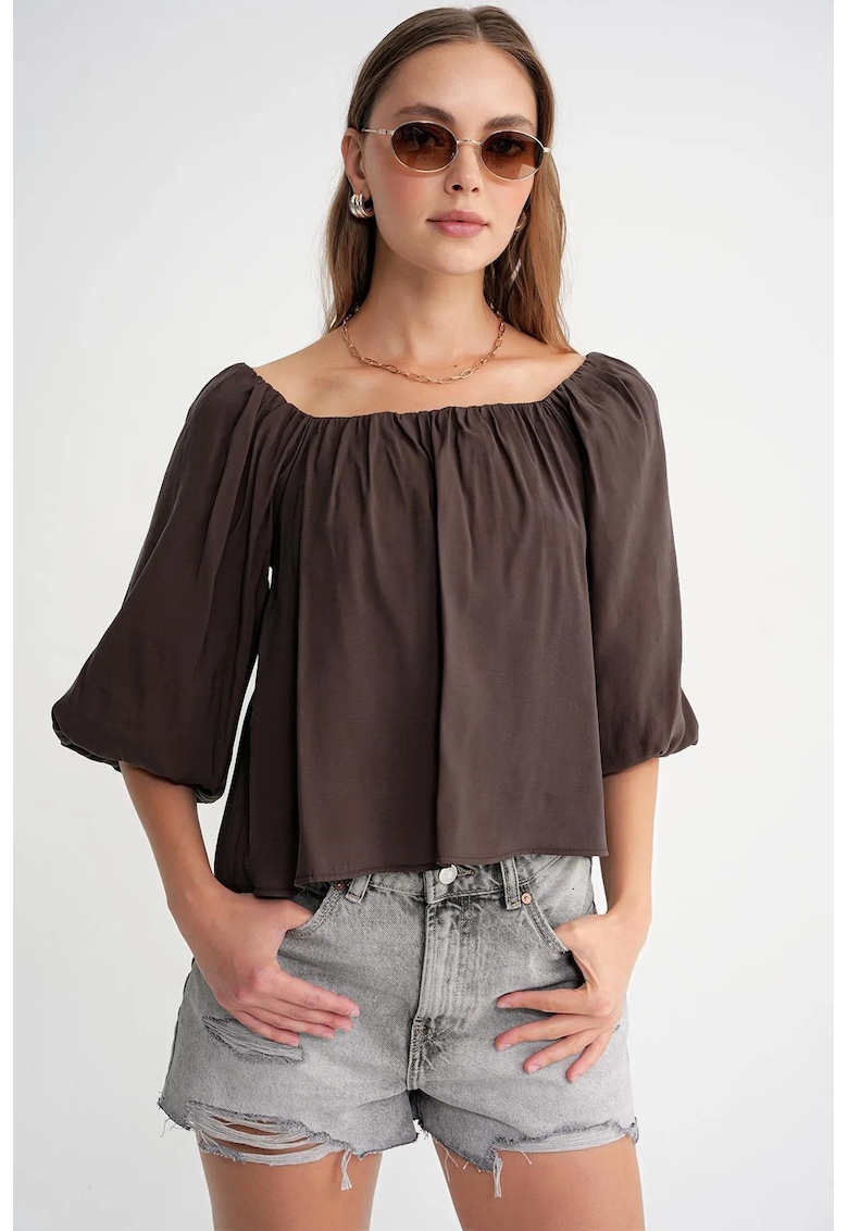 Bluza dama Mixray - guler Madonna - detalii cu volane - maro - textil