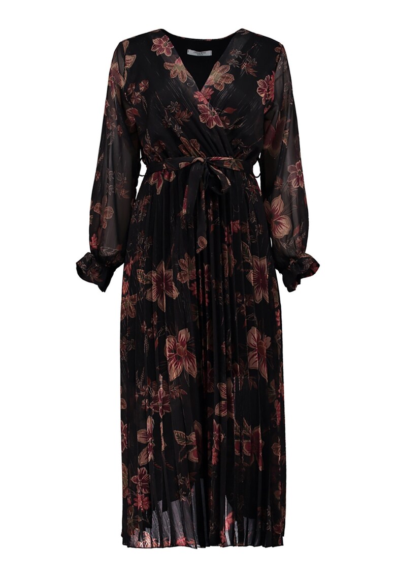 Rochie cu decolteu in V si imprimeu floral - Negru/Roz prafuit