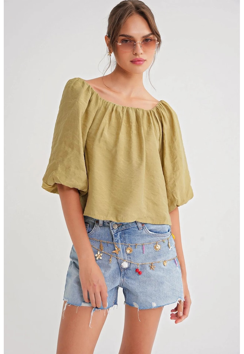 Bluza dama Mixray - guler Madonna - cu volane - verde textil