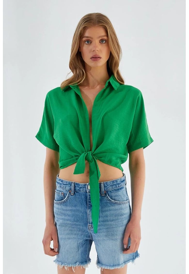 Camasa dama crop slim fit - decolteu in V - verde - textil