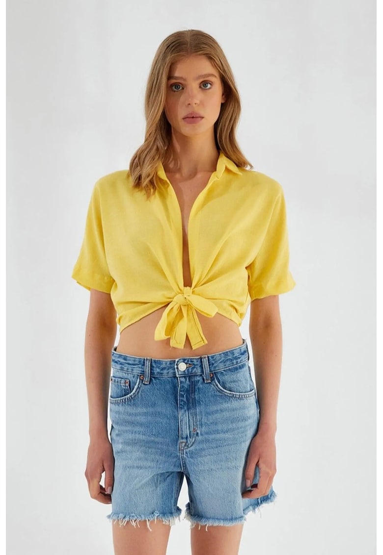 Camasa dama scurta - decolteu in V - galben - textil -