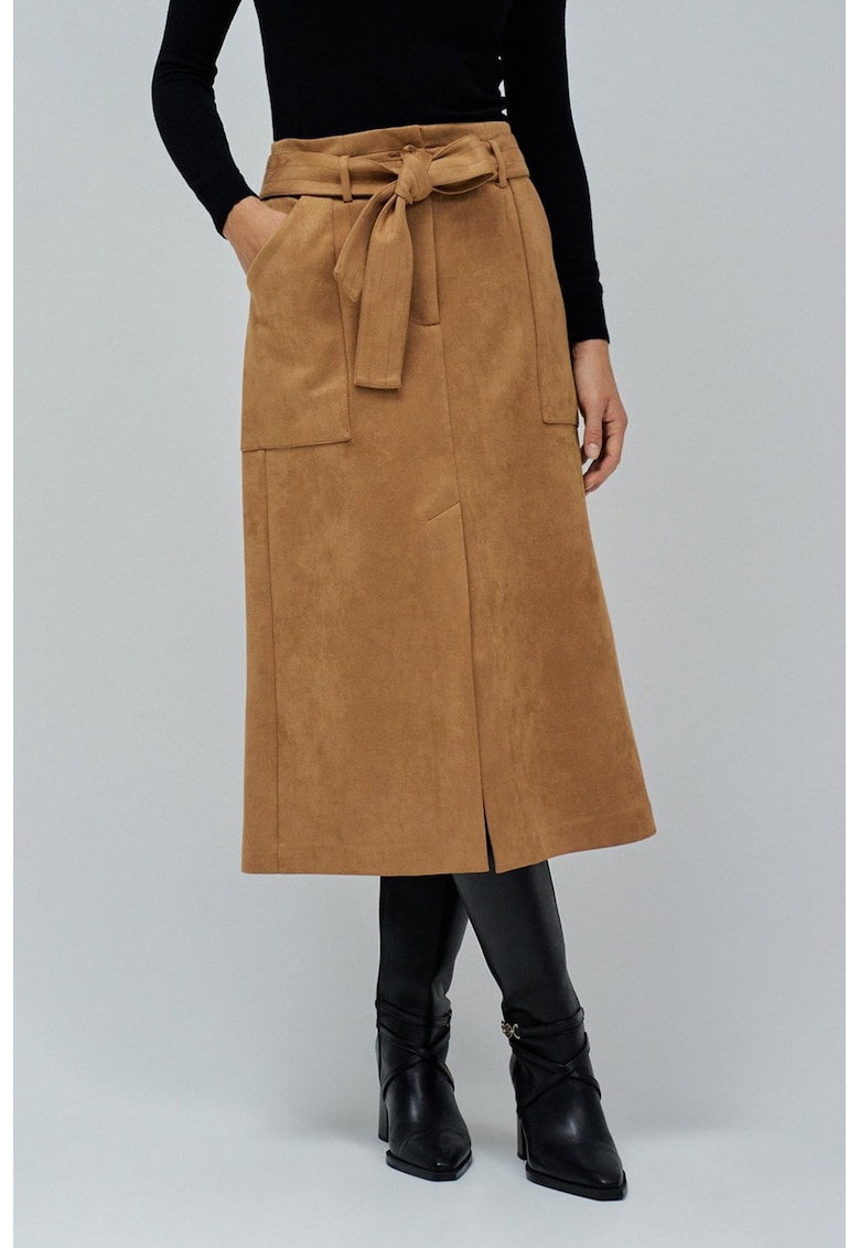 Fusta midi de piele intoarsa sintetica