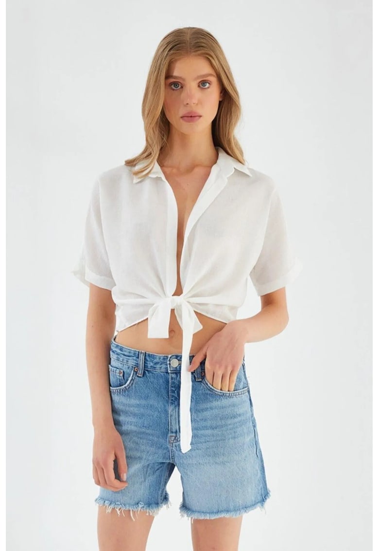 Camasa dama scurta - decolteu in V - croiala slim - alb - textil -