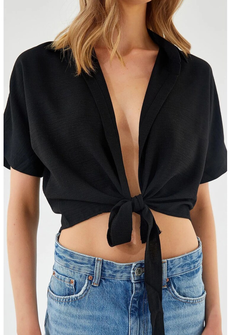 Camasa dama - croiala slim fit - decolteu in V - negru - textil