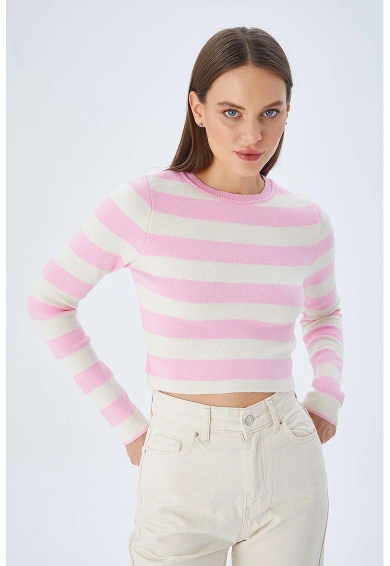 Pulover dama tricotat cu dungi - roz pudrat - material tricot -