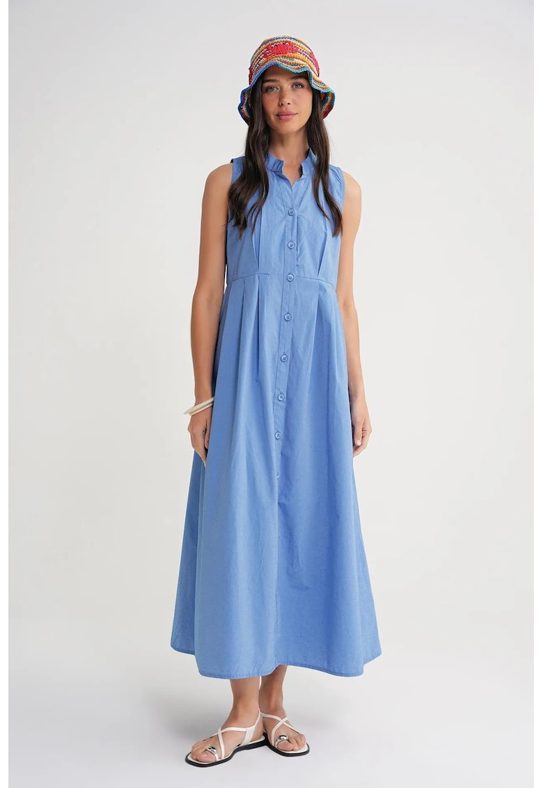 Rochie maxi guler cu nasturi - albastru - textil