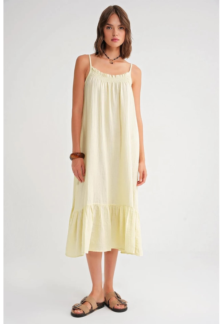 Rochie Midi Galben - Textil - cu Detaliu Volane