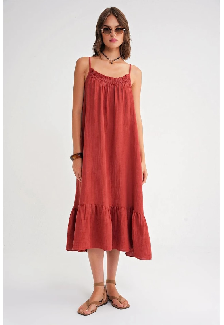 Rochie Midi HiCCUP - rosu caramiziu - detalii volane - material textil