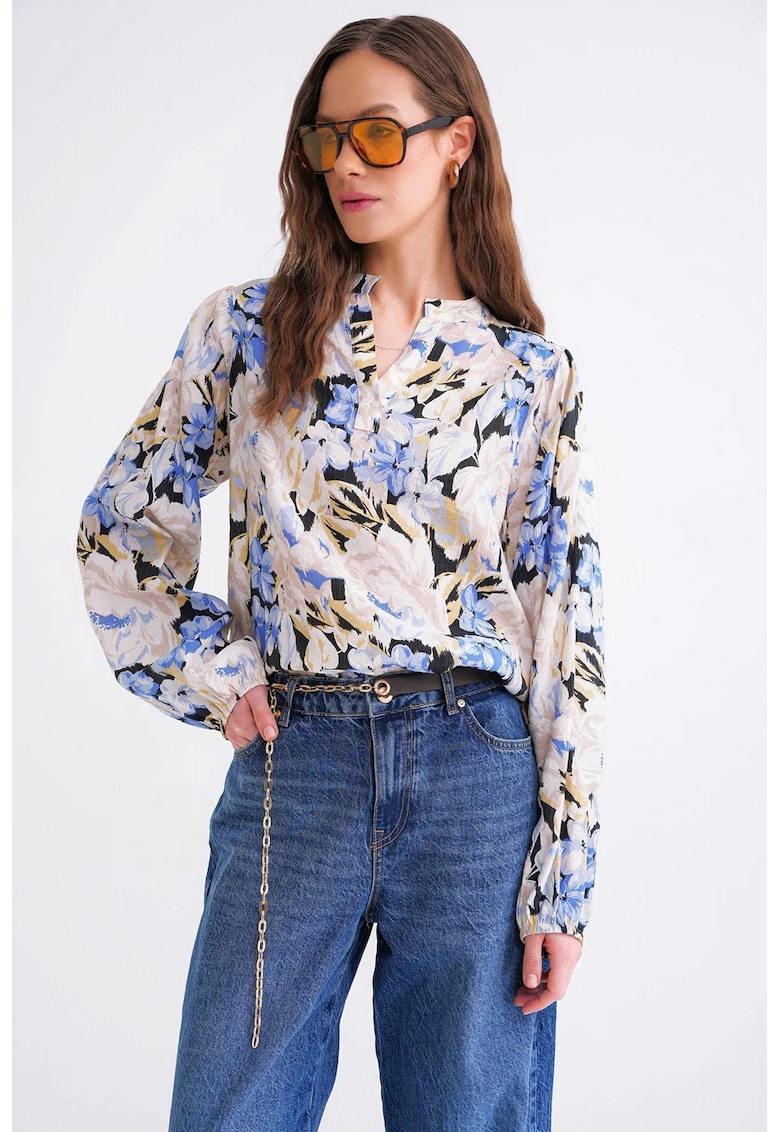 Bluza dama cu maneca lunga - imprimeu floral - albastru - textil