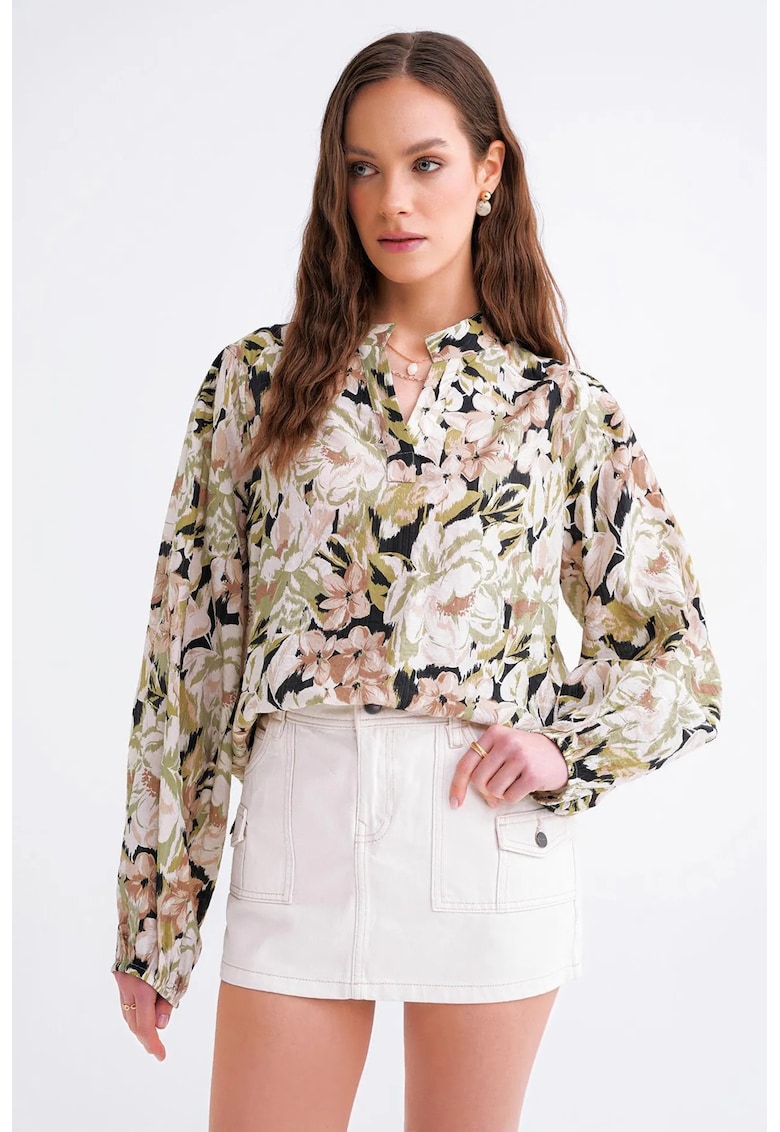 Bluza dama cu maneca lunga - imprimeu floral - kaki - textil