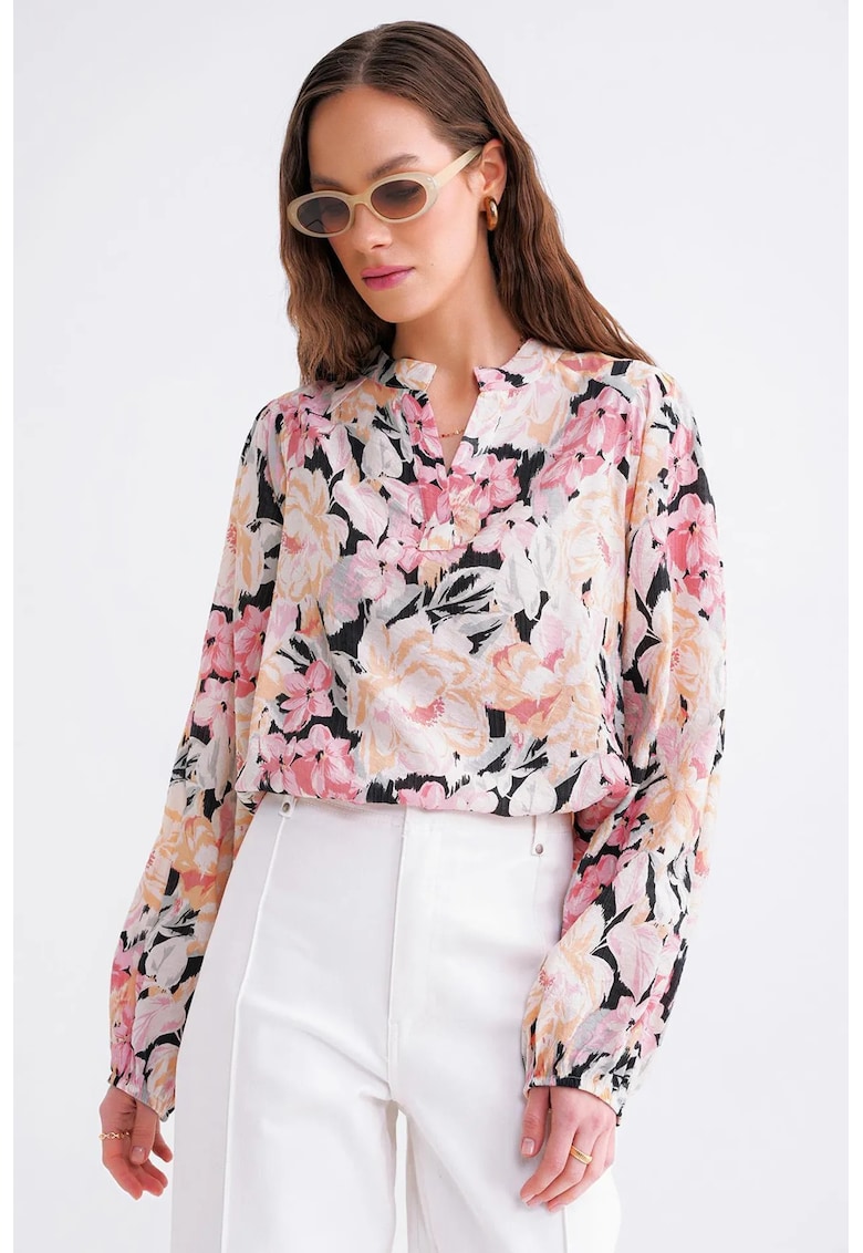 Bluza dama maneca lunga - imprimeu floral - roz pudrat - textil -