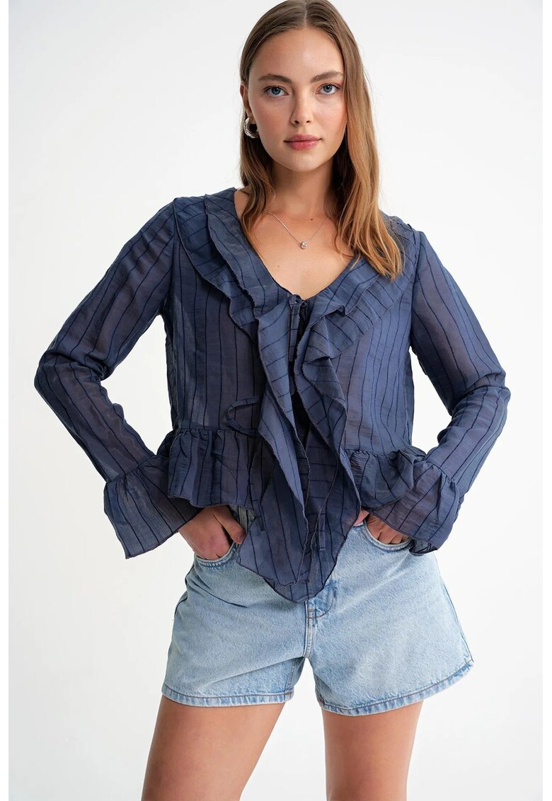 Bluza dama HiCCUP cu dungi - volane - decolteu in V - albastru marin - textil