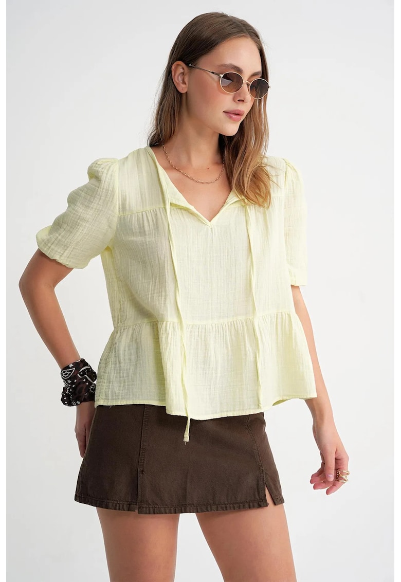 Bluza dama din muselina texturata - galben lamaie - bumbac - guler rotund