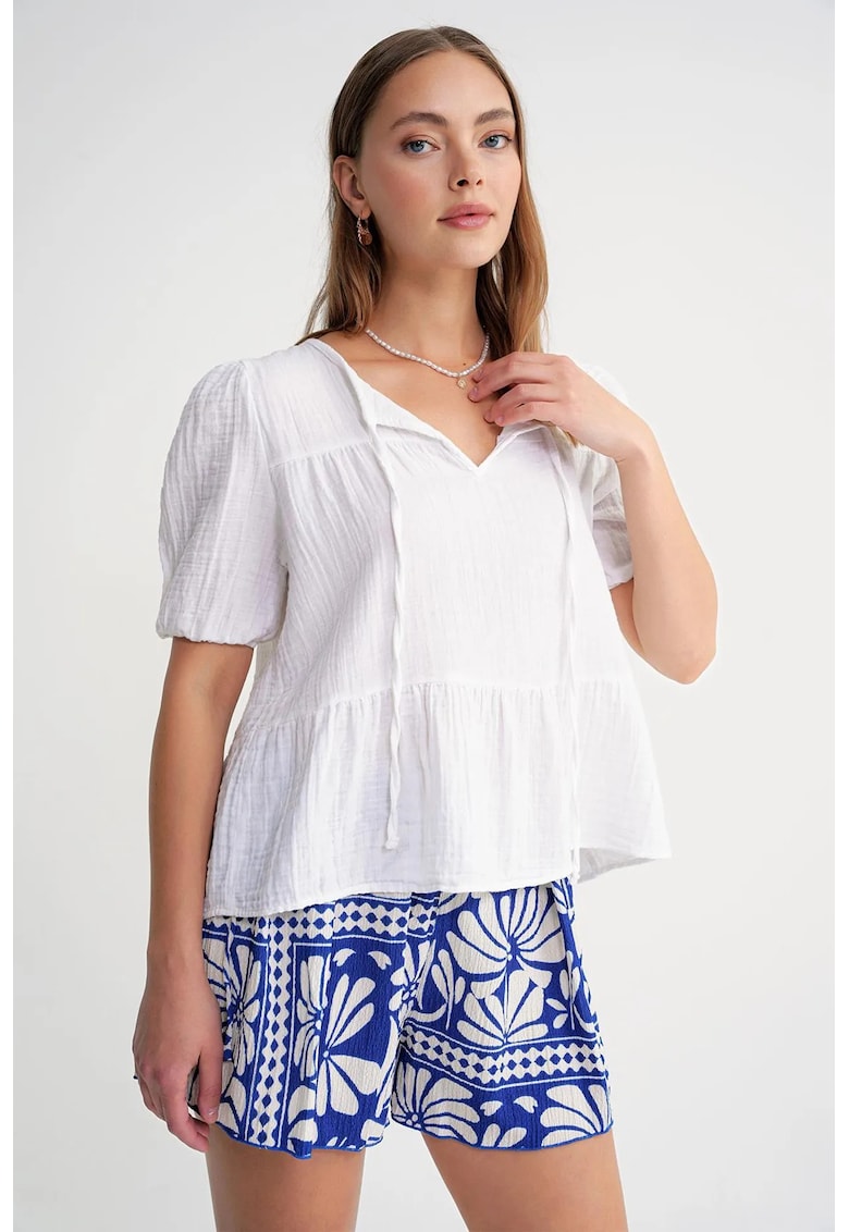 Bluza dama din muselina texturata - decolteu rotund - alb - bumbac