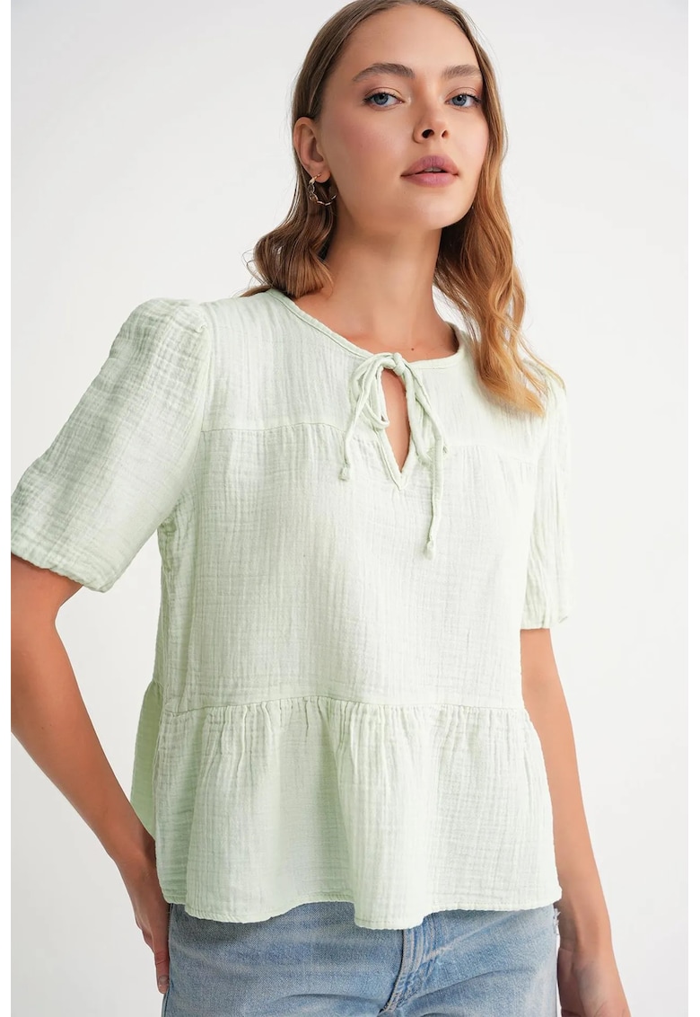 Bluza dama muselina texturata - decolteu rotund - verde salvie - bumbac