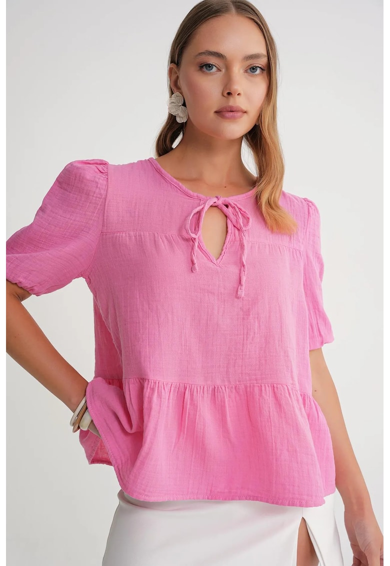 Bluza dama muselina texturata - decolteu rotund - roz pudrat - bumbac