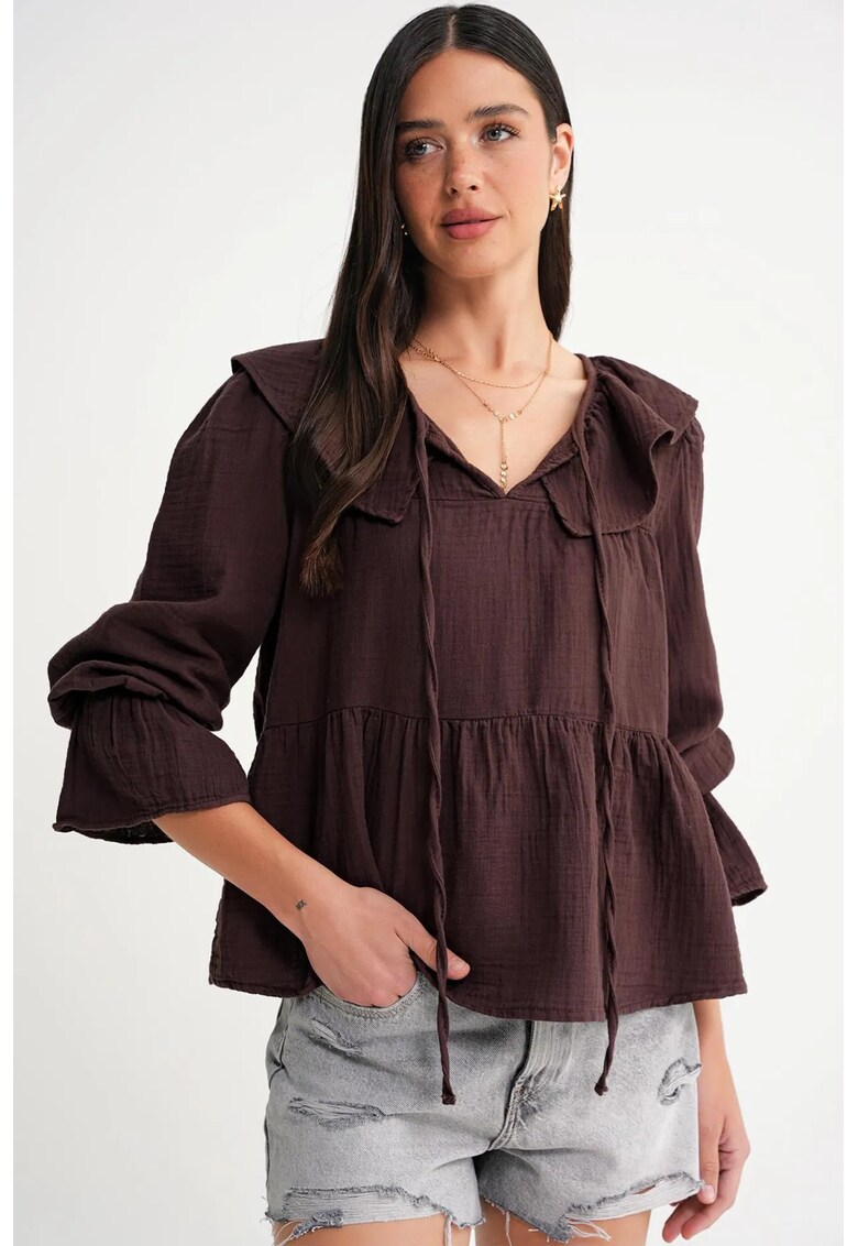 Bluza dama HiCCUP - cu guler sal - volane - maro - textil