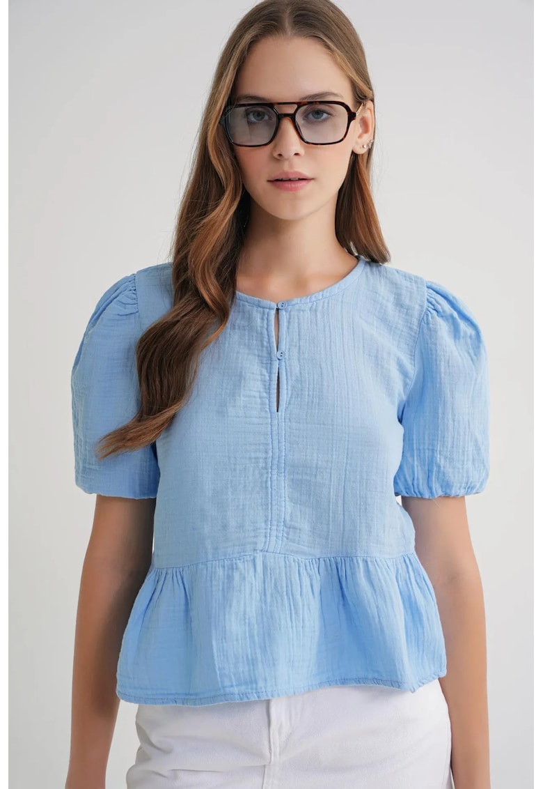 Bluza dama din bumbac - texturata - guler rotund - albastru gheata