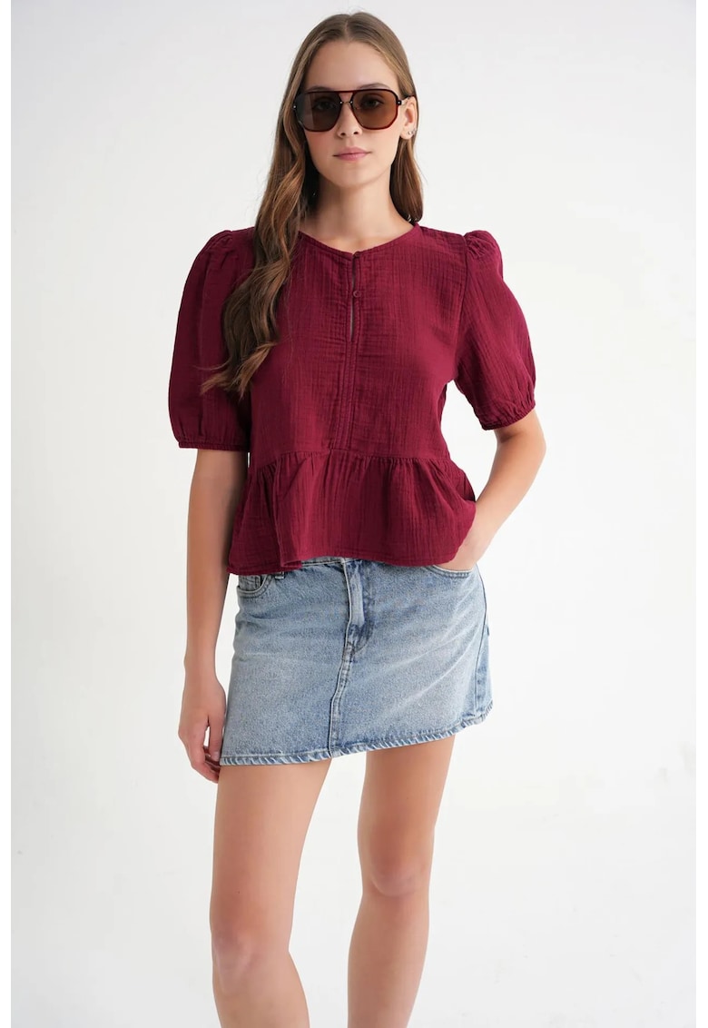 Bluza dama din muselina - burgundy - cu guler rotund si inchidere cu nasturi