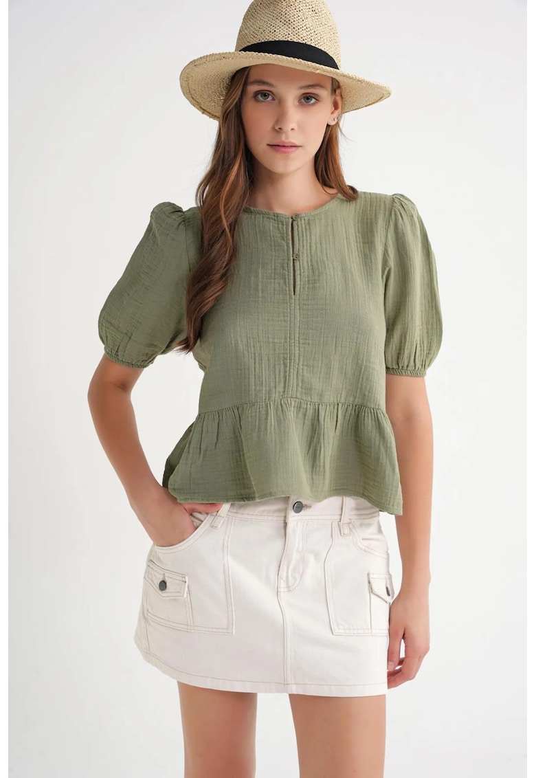 Bluza dama - din muselina texturata - guler rotund - verde - bumbac