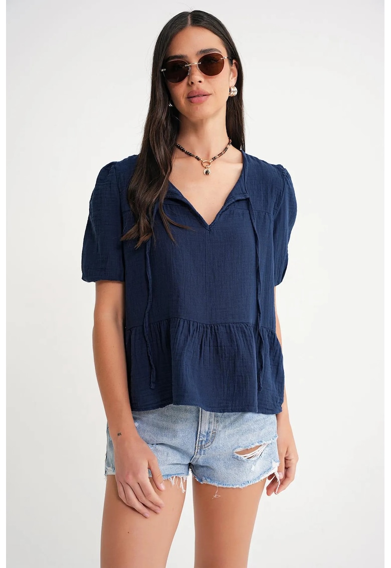 Bluza dama muselina texturata - decolteu rotund - albastru marin - bumbac