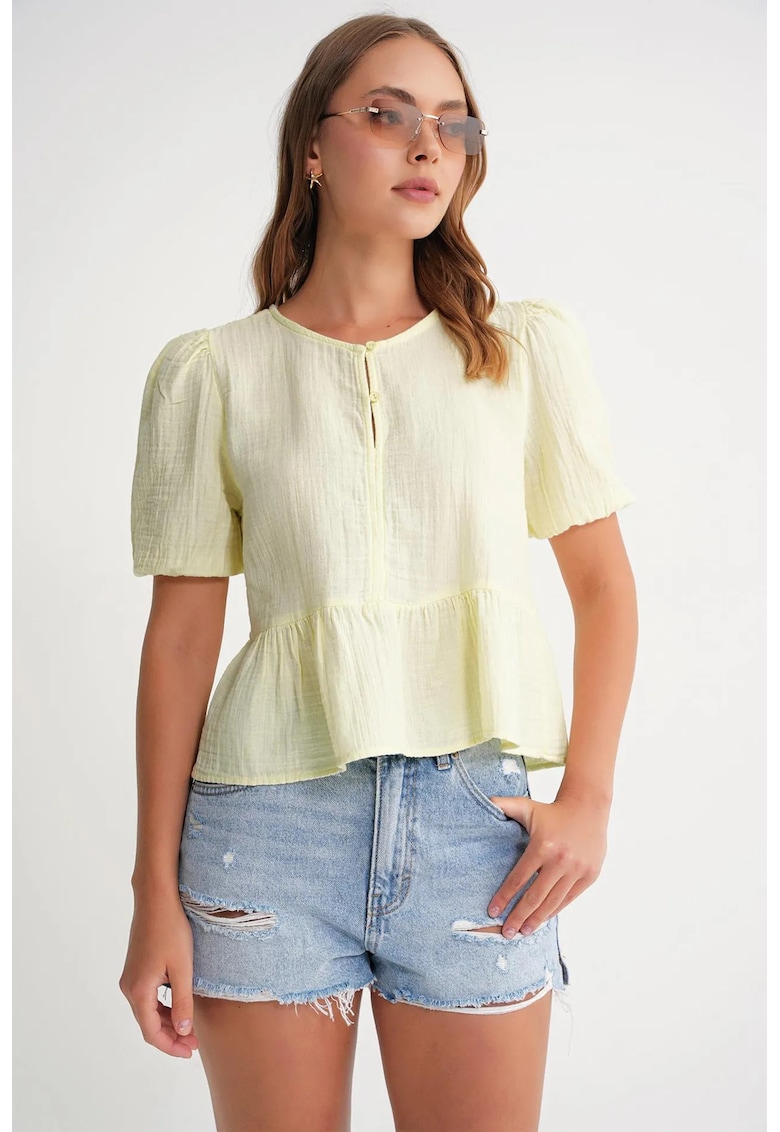 Bluza dama galben mustar - muselina texturata - guler rotund - inchidere cu nasturi