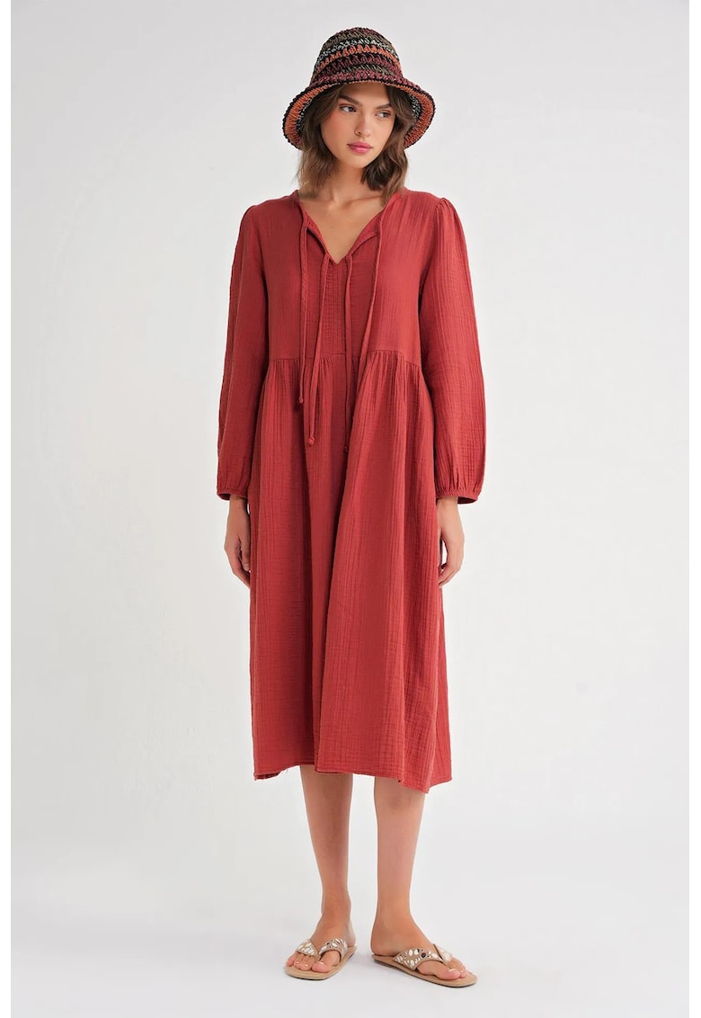 Rochie midi HiCCUP - decolteu in V - rosu caramiziu - textil