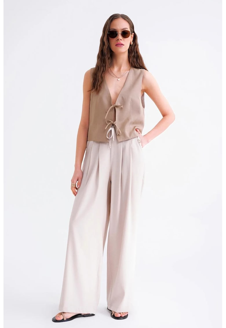 Pantaloni dama - tip palazzo - talie inalta - natural - textil