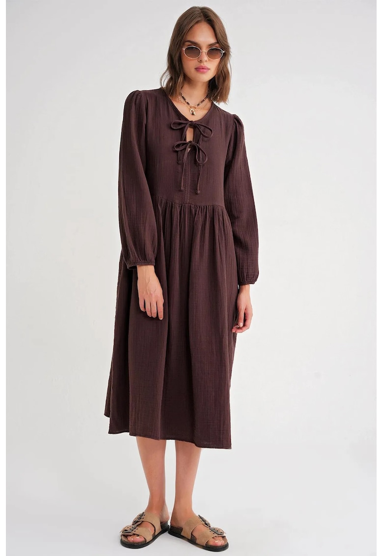 Rochie Midi - HiCCUP - decolteu in V - inchidere cu siret - maro - textil