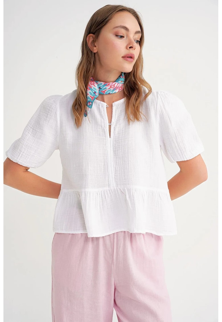 Bluza dama texturata din muselina - guler rotund - alb -