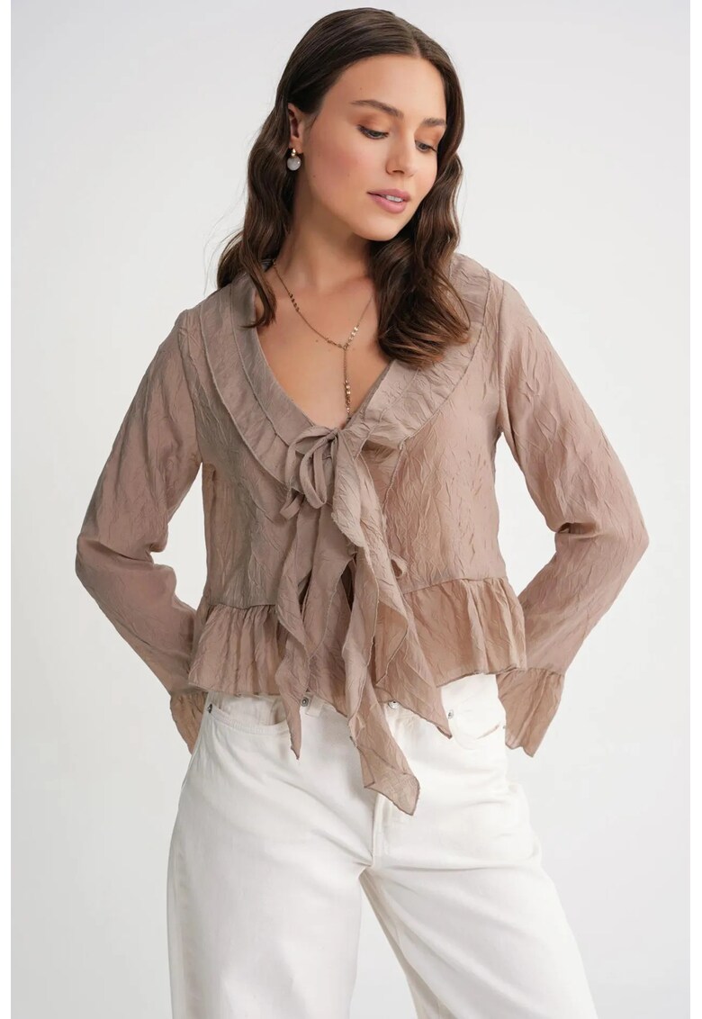 Bluza dama - HiCCUP - cu volane - decolteu in V - bej natural - tul