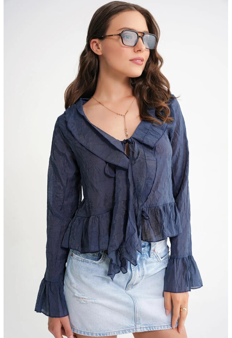 Bluza dama - HiCCUP - volane - decolteu in V - tul - Albastru marin