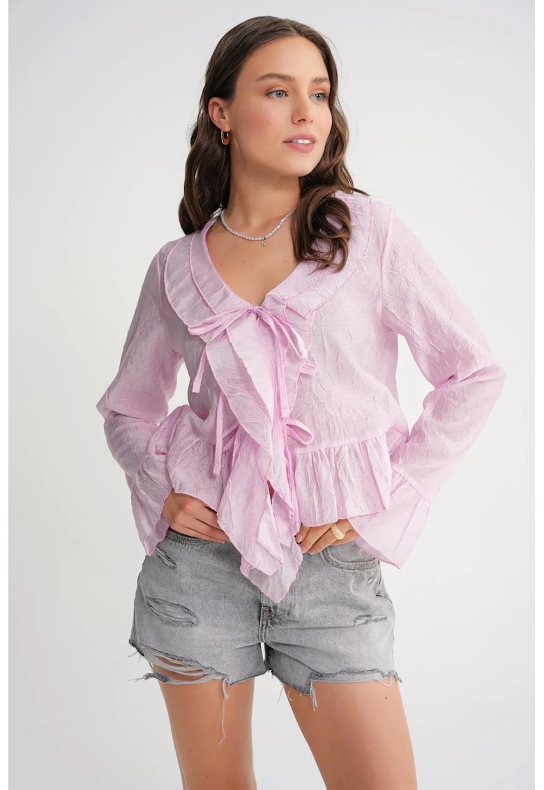 Bluza dama HiCCUP - cu volane - decolteu in V - roz pudrat - tul